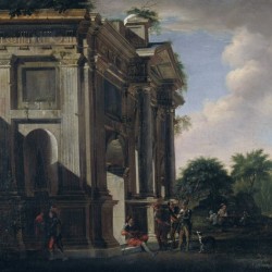 Caprice of a triumphal arch and soldiers